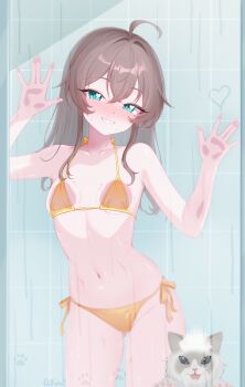 1girl absurdres against_glass ahoge aqua_eyes bathroom bikini blush breast_press breasts brown_hair cat commentary double-parted_bangs felixkohai gluteal_fold grin hair_between_eyes halterneck hands_up heart heart_in_eye highres hololive indoors long_hair looking_at_viewer natsuiro_matsuri navel side-tie_bikini_bottom sidelocks small_breasts smile solo standing stomach swimsuit symbol_in_eye virtual_youtuber yellow_bikini