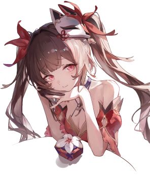 1girl absurdres again_(depr4447) bare_shoulders black_gloves breasts brown_hair cleavage derivative_work dress fox_mask gloves highres honkai:_star_rail honkai_(series) long_hair mask mask_on_head purple_eyes red_dress red_ribbon ribbon simple_background single_glove small_breasts solo sparkle_(honkai:_star_rail) table twintails very_long_hair white_background