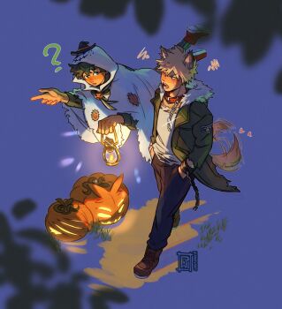2boys ? animal_ears bakugou_katsuki blonde_hair blue_pants blush boku_no_hero_academia boots brown_boots chain collar cuffs denim eye_contact floating fur-trimmed_hood fur_trim ghost_costume green_hair green_jacket halloween halloween_costume hat highres holding holding_lantern hood hood_up jack-o&#039;-lantern jacket jacket_mine jeans lantern long_sleeves looking_at_another male_focus midoriya_izuku mini_hat mini_witch_hat motion_blur multiple_boys open_clothes open_jacket open_mouth pants pointing red_collar shackles shirt short_hair spiked_hair squiggle tail tail_wagging teeth torn_clothes torn_sleeves upper_teeth_only walking white_fur white_shirt witch_hat wolf_boy wolf_ears wolf_tail