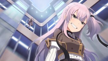 Rule 34 | 1girl, black choker, black shoes, blurry, brown jacket, buttons, choker, collared shirt, depth of field, double-breasted, game cg, grey eyes, grin, hair ribbon, holding, holding sword, holding weapon, indoors, jacket, katana, long hair, long sleeves, looking at viewer, looking down, multiple views, non-web source, one side up, origami family's elite guard uniform, pantyhose, pink hair, ribbon, shirt, shoes, smile, standing, striped clothes, striped shirt, sword, toji no miko, toji no miko: kizamishi issen no tomoshibi, tsubakuro yume, weapon, white pantyhose