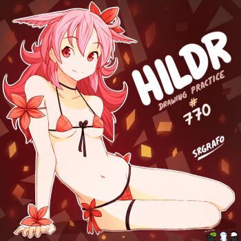 1girl 3boys arm_support artist_name artist_self-insert bikini black_choker breasts brown_background character_name chibi choker closed_mouth clothing_request collarbone dot_nose fate/grand_order fate_(series) flower front-tie_bikini_top front-tie_top hair_between_eyes hair_flower hair_ornament halterneck head_wings hildr_(fate) long_hair looking_to_the_side micro_bikini multiple_boys navel pink_hair pink_wings red_bikini red_eyes red_flower sitting smile solo_focus srgrafo strap_gap swimsuit thigh_strap underboob valkyrie_(fate) wings yokozuwari