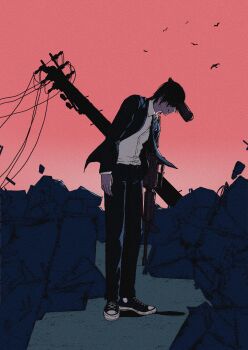 Rule 34 | 1boy, assault rifle, black hair, black jacket, black necktie, black pants, chainsaw man, collared shirt, facing down, film grain, formal clothes, gun, gun devil (chainsaw man), handgun, hayakawa aki, highres, jacket, male focus, necktie, nenashibito, pants, parted lips, power lines, rifle, ruins, shirt, shirt tucked in, short hair, signature, smile, solo, suit, suit jacket, utility pole, weapon, white shirt