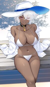 Rule 34 | 1girl, bikini, breasts, cleavage, closed mouth, collar, dark-skinned female, dark skin, grin, gyaru, hat, hataraki kuma, highres, kogal, large breasts, looking at viewer, navel, on bench, open clothes, open shirt, original, pink eyes, shirt, short hair, sitting, smile, solo, stomach, swimsuit, white bikini, white hair, white hat, white shirt