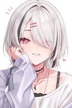 Rule 34 | 1girl, absurdres, amaki daisuke, asumi sena, asumi sena (5th costume), black choker, black hair, blush, choker, commentary request, fang, grey hair, hair ornament, hairclip, heart, heart in eye, highres, jacket, jewelry, looking at viewer, multicolored hair, necklace, notice lines, pink eyes, shirt, skin fang, solo, streaked hair, symbol in eye, t-shirt, two-tone hair, upper body, virtual youtuber, vspo!, white background, white shirt