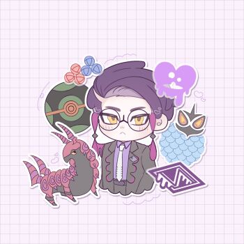 1boy arbok black_jacket black_pants blush closed_mouth commentary_request corbeau_(pokemon) dusk_ball eyewear_strap frown gen_1_pokemon gen_5_pokemon glasses grid_background highres jacket long_sleeves looking_at_viewer male_focus necktie nintendo pants poke_ball pokemon pokemon_(creature) purple_hair purple_shirt scolipede shirt short_hair solo whippedmacco white_necktie yellow_eyes