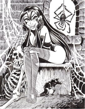 1girl batsy_(wulf_&amp;_batsy) bench black_gloves black_hair black_leotard breasts bryan_baugh bug fangs gloves hands_on_own_cheeks hands_on_own_face head_rest horror_(theme) indoors lace lace-trimmed_thighhighs lace_trim large_breasts leotard lips long_hair looking_at_viewer mouse_(animal) original silk sitting skeleton smile solo spider spider_web stone_wall straight_hair thighhighs vampire wulf_&amp;_batsy