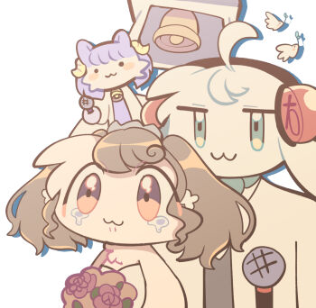 1boy 1girl 1other :3 ahoge animal_ears artist_self-insert babichao bayachao bell bouquet character_request chibikemo commentary_request deformed dog_ears dog_girl flower formal_clothes furry furry_female furry_male furry_with_furry green_eyes headphones hetero holding holding_bouquet husband_and_wife makemon! official_art pochi_(makemon!) red_eyes simple_background suit tears white_background
