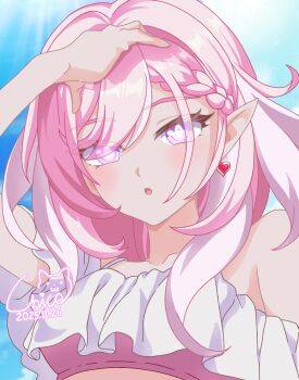 1girl :o alternate_costume bare_shoulders bikini blue_sky breasts commentary dated diamond-shaped_pupils diamond_(shape) earrings elf elysia_(hi_love_elf)_(honkai_impact) elysia_(honkai_impact) heart heart_earrings highres honkai_(series) honkai_impact_3rd jewelry kuroneko_hikari large_breasts long_hair looking_at_viewer multicolored_hair pink_bikini pink_hair pointy_ears purple_eyes sky solo swimsuit symbol-shaped_pupils two-tone_hair upper_body very_long_hair white_hair