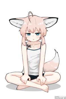 1girl ahoge animal_ears arknights barefoot black_shorts blue_eyes camisole commentary dated_commentary flat_chest fox_ears fox_girl fox_tail highres indian_style jitome kamihine looking_at_viewer material_growth open_mouth oripathy_lesion_(arknights) pink_hair short_shorts shorts simple_background sitting solo straight-on sussurro_(arknights) tail v-shaped_eyebrows watermark white_background white_camisole