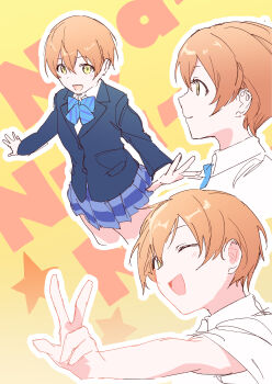 1girl :d ;d absurdres blazer blue_bow blue_bowtie blue_jacket blue_skirt bow bowtie closed_mouth cropped_legs diagonal-striped_bow diagonal-striped_bowtie diagonal-striped_clothes highres hoshizora_rin inazuma_(elect_line) jacket looking_at_viewer love_live! love_live!_school_idol_project miniskirt multiple_views one_eye_closed open_mouth orange_hair otonokizaka_school_uniform outline pleated_skirt pocket profile school_uniform short_hair skirt smile striped_bow striped_bowtie striped_clothes summer_uniform text_background w white_outline winter_uniform yellow_background yellow_eyes