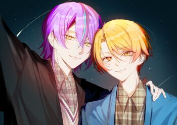 Rule 34 | 2boys, arm up, black jacket, blonde hair, blue jacket, commentary, earrings, hand on another's shoulder, highres, jacket, jewelry, kamishiro rui, long sleeves, looking at viewer, male focus, multiple boys, project sekai, purple hair, single earring, sky, smile, star (sky), starry sky, sui15871mu, symbol-only commentary, tenma tsukasa, yellow eyes