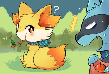 1other ? animal_focus animal_hands apple blush bright_pupils chibikemo commentary_request fang fennekin food fox fruit furry gen_2_pokemon gen_4_pokemon gen_6_pokemon grass harmony_scarf holding holding_sack mouth_hold neckerchief nintendo outdoors pokemon pokemon_(creature) pokemon_focus pokemon_mystery_dungeon pokemon_super_mystery_dungeon red_eyes riolu sack silhouette sitting stick striped_neckerchief surprised toraneko_(38) tyranitar vivillon white_pupils