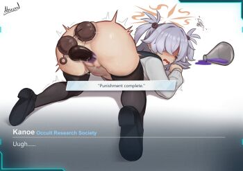 1girl abscord anal anal_beads anal_object_insertion anus black_shoes black_thighhighs blue_archive bottomless closed_eyes commentary double_penetration drugged english_commentary erlenmeyer_flask flask grey_hair hair_over_one_eye halo highres kanoe_(blue_archive) medium_hair object_insertion one_eye_covered open_mouth pussy pussy_juice sex_toy shirt shoes sleeping solo spill thighhighs top-down_bottom-up twitching uncensored user_interface vaginal vaginal_object_insertion vibrator white_background white_shirt yellow_halo