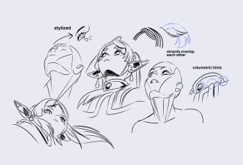 1girl closed_mouth commentary earrings elf english_commentary english_text frieren from_below highres how_to jewelry long_hair meme multiple_views parted_bangs parted_lips pointy_ears rogerwitt sketch solo sousou_no_frieren thick_eyebrows twintails upper_body upward_angle_frieren_drawing_(meme)