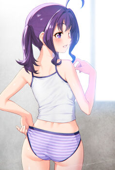 1girl ahoge ass blush camisole commentary_request from_behind highres kazuma_muramasa kimi_to_idol_precure medium_hair panties precure profile purple_eyes purple_hair shigure_kokoro solo striped_clothes striped_panties twintails underwear