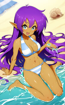 Rule 34 | 1girl, bare shoulders, beach, beach towel, bikini, blue eyes, blush, breasts, cleavage, collarbone, commentary, conch, dark-skinned female, dark skin, english commentary, large breasts, long hair, looking at viewer, navel, ocean, open mouth, pointy ears, purple hair, revenantart, seashell, shantae, shantae: half-genie hero, shantae (series), shell, sitting, smile, solo, stomach, striped bikini, striped clothes, swimsuit, towel, very long hair, wariza, water