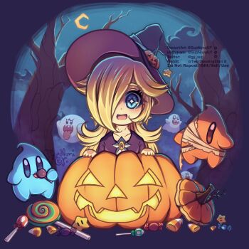 :d bare_tree blonde_hair blue_eyes blue_luma boo_(mario) candy candy_corn chibi commentary crescent_moon dress earrings english_commentary food ghost hair_over_one_eye hat highres jack-o&#039;-lantern jack-o&#039;-lantern_hat_ornament jewelry lollipop long_hair looking_at_viewer luma_(mario) mario_(series) mario_kart mario_kart_tour moon night nintendo official_alternate_costume open_mouth peepa_(mario) purple_dress purple_hat red_luma rosalina rosalina_(halloween) rosie_(supnovagy) smile star-shaped_pupils star_(symbol) star_earrings swirl_lollipop symbol-shaped_pupils tree witch_hat