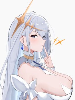 1girl absurdres argar_demo azur_lane bare_shoulders blue_eyes blue_gemstone blush breasts choker cleavage collar commentary_request dress emden_(azur_lane) finger_to_mouth flower frilled_collar frilled_sleeves frills from_side gem hair_ornament highres jewelry large_breasts long_hair looking_at_viewer simple_background single_sidelock smile solo upper_body white_background white_choker white_dress white_hair