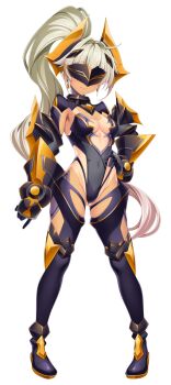 1girl avalatia_sol black_leotard boots breasts chest_jewel cleavage closed_mouth covered_navel dark-skinned_female dark_skin earrings full_body game_cg gauntlets gloves gluteal_fold hand_on_own_hip headgear high_ponytail highleg highleg_leotard jewelry kamitsurugi_ouka kouyoku_senki_exs-tia_concert large_variant_set leotard long_hair mask medium_breasts non-web_source official_art one-piece_tan oosumi_kanon pigeon-toed ponytail smile solo standing strapless strapless_leotard tachi-e tan tanline thigh_boots thighhighs transparent_background variant_set very_long_hair white_hair