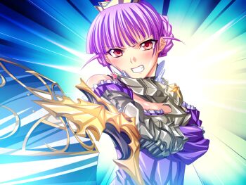 1girl agnes_ardbeg_augustus blush game_cg harem_party purple_hair red_eyes sword weapon