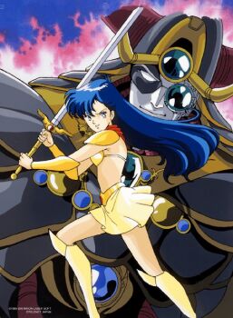 1990s_(style) 1boy 1girl armor asou_yuuko bad_tag belt bikini_armor blue_eyes blue_hair boots cell game_console knee_boots long_hair looking_at_viewer megas microskirt midriff miniskirt mugen_senshi_valis nec neckerchief official_art pc_engine retro_artstyle skirt sword telenet_japan valis valis_sword very_long_hair weapon
