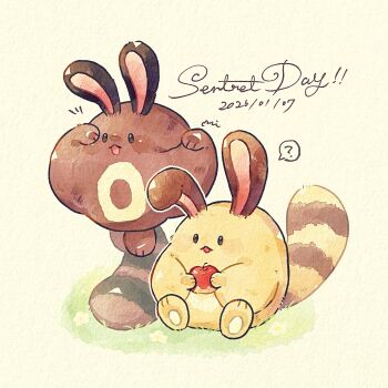 Rule 34 | ?, alternate color, animal focus, brown fur, commentary, dated, food, fruit, full body, gen 2 pokemon, highres, holding, holding food, holding fruit, looking at viewer, miketoevecan, nintendo, no humans, open mouth, pokemon, pokemon (creature), pokemon focus, sentret, shiny and normal, shiny pokemon, simple background, sitting, solid oval eyes, standing, symbol-only commentary, yellow background, yellow fur