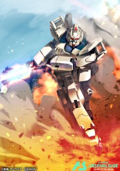 blue_sky commentary_request copyright_logo copyright_name copyright_notice dust_cloud earth_federation energy_sword explosion gundam gundam_08th_ms_team gundam_arsenal_base gundam_ez8 holding holding_sword holding_weapon humanoid_robot logo mecha mobile_suit no_humans official_art outdoors red_eyes robot sakusakusakurai science_fiction sky solo sword weapon
