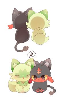 Rule 34 | animal focus, black eyes, black fur, blush, cat, closed eyes, closed mouth, colored sclera, fluffy, gen 7 pokemon, green fur, highres, litten, musical note, nintendo, no humans, open mouth, pokemon, pokemon (creature), pokemon focus, simple background, sitting, smile, speech bubble, spoken musical note, sprigatito, tail, tongue, tongue out, white background, yellow sclera, yupo 0322