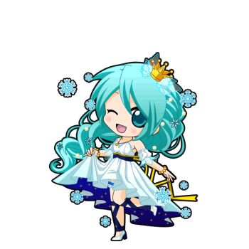 1girl :d aqua_eyes aqua_hair bare_shoulders black_outline blush bracelet braid chibi chibi_only crown detached_sleeves dress footwear_ribbon frilled_dress frills full_body game_asset hair_ornament hatsune_miku hatsune_miku_graphy_collection high_heels holding_own_dress jewelry long_hair looking_at_viewer mini_crown necklace one_eye_closed open_mouth outline pearl_hair_ornament puffy_short_sleeves puffy_sleeves shoes short_sleeves smile snowflakes solo standing standing_on_one_leg strapless strapless_dress transparent_background two-sided_dress two-sided_fabric vocaloid white_shoes