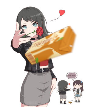 Rule 34 | ..., 2girls, anglediana, bang dream!, bang dream! it's mygo!!!!!, black hair, black jacket, black shirt, blue eyes, blue pants, blush, chibi, commentary request, earrings, flower, grey pants, heart, highres, jacket, jewelry, long hair, meme, mole, mole under eye, mouth hold, multiple girls, open clothes, open jacket, pants, red flower, red rose, red shirt, revision, rose, shiina taki, shirt, simple background, single earring, spoken ellipsis, white background, white jacket, woe plague be upon ye (meme), yahata umiri, yuri