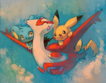 black_eyes closed_eyes cloud flying gen_1_pokemon gen_3_pokemon gen_4_pokemon happy koriarredondo latias legendary_pokemon nintendo pikachu pokemon pokemon_(creature) riding shinx signature smile wings yellow_eyes