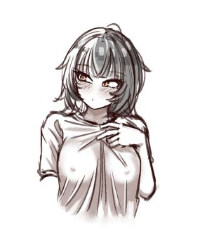 1girl black_hair breasts covered_erect_nipples highres hololive hololive_english large_breasts light_blush long_hair multicolored_hair penguin_stamp shiori_novella shirt simple_background solo split-color_hair two-tone_hair virtual_youtuber white_background white_hair white_shirt yellow_eyes