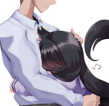 01_leesuke 1boy 1girl ahoge animal_ears black_hair brown_hair collared_shirt grey_hair hand_on_another&#039;s_head height_difference highres horse_ears horse_girl hug long_bangs long_hair manhattan_cafe_(umamusume) motion_lines multicolored_hair puff_of_air purple_sailor_collar purple_shirt sailor_collar school_uniform shirt short_hair simple_background sweatdrop tracen_school_uniform umamusume variant_set very_long_hair white_background white_shirt