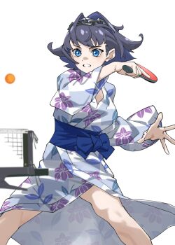 1girl ball bare_legs black_hair blue_eyes chain chain_headband commentary floral_print floral_print_kimono hair_intakes highres holding_table_tennis_paddle hololive hololive_english japanese_clothes kimono legs_apart long_sleeves ouro_kronii paddle parted_lips print_kimono sash short_hair simple_background smile solo table_tennis_ball table_tennis_net table_tennis_paddle tanabe_(fueisei) virtual_youtuber white_background yukata
