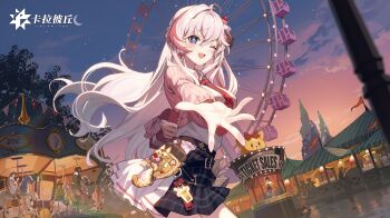 1girl ahoge black_skirt blue_eyes box carousel ferris_wheel floating_hair gift gift_box heart heart-shaped_box heart-shaped_pupils highres jacket kanami_(heartbeat_memories)_(strinova) kanami_(strinova) long_hair looking_at_viewer miniskirt multicolored_hair necktie official_art one_eye_closed open_mouth outstretched_arm pink_jacket plaid_clothes plaid_skirt pleated_skirt ribbed_jacket shirt skirt smile solo streaked_hair strinova symbol-shaped_pupils very_long_hair white_hair white_shirt