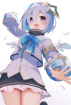 1girl amane_kanata amane_kanata_(1st_costume) angel angel_wings armband black_skirt blue_hair blush bob_cut bow colored_inner_hair commentary dress feathered_wings fragir frilled_dress frills gradient_wings grey_hair halo highres hololive horn_bow horn_ornament horns jacket long_sleeves medium_hair mini_wings multicolored_hair multicolored_wings open_mouth purple_eyes revision simple_background single_hair_intake skirt smile solo star_halo virtual_youtuber white_background white_dress white_jacket wings