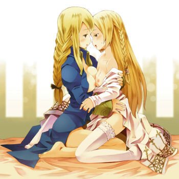 Rule 34 | 2girls, agrias oaks, b.tarou, barefoot, blonde hair, blush, braid, breast press, breasts, couple, final fantasy, final fantasy tactics, flat chest, hug, kiss, long hair, multiple girls, nipples, open clothes, ovelia atkascha, profile, robe, saliva, saliva trail, small breasts, thighhighs, yuri