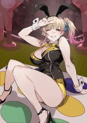 Rule 34 | 1girl, animal ears, bare shoulders, black footwear, blonde hair, bow, bowtie, breasts, bunny garden, cleavage, commentary request, fake animal ears, flower, grin, hair flower, hair ornament, high heels, highres, large breasts, multicolored hair, one eye closed, pink hair, rabbit ears, rin (bunny garden), saeki shun, side ponytail, skirt, smile, solo, thighs, twister, two-tone hair, v, wrist cuffs, yellow bow, yellow bowtie, yellow skirt
