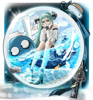 1girl a.b.a absurdres bags_under_eyes bandaged_leg bandages blue_shoes border bottle cattedawn character_name commentary english_commentary full_body green_eyes green_hair guilty_gear guilty_gear_strive hairband high_heels highres in_bottle in_container key key_in_head knees_up long_hair long_sleeves looking_to_the_side mini_person minigirl object_through_head off-shoulder_shirt off_shoulder paracelsus_(guilty_gear) partially_submerged shirt shoes signature sitting straight_hair white_border white_hairband white_shirt