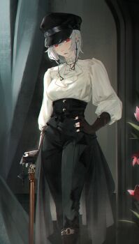 1girl absurdres black_corset black_hat black_nails black_pants breasts cane chainsaw_man corset earrings fami_(chainsaw_man) hat highres holding holding_cane jewelry kamiro_(kamin_r0) long_sleeves looking_at_viewer medium_breasts pants peaked_cap red_eyes shirt solo white_hair white_shirt