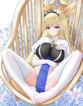 Rule 34 | 1girl, azur lane, black tiara, blonde hair, blue eyes, blue flower, blue petals, breasts, commentary request, elbow gloves, flower, framed breasts, gloves, hand on own chest, highres, lace, lace-trimmed thighhighs, lace trim, large breasts, long hair, painleve (azur lane), pelvic curtain, puffy sleeves, solo, spread legs, thighhighs, tiara, tina (tinafya), variant set, very long hair, white gloves, white thighhighs