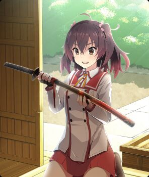 Rule 34 | :d, ahoge, asakura mihono, black gloves, brown eyes, brown hair, brown shoes, bush, buttons, day, dot nose, double-breasted, double-parted bangs, fingerless gloves, game cg, gloves, holding, holding sword, holding weapon, katana, long sleeves, medium hair, minoseki gakuin uniform, official art, open mouth, red sailor collar, red skirt, sailor collar, seiza, sheath, sheathed, shirt, shoes, sitting, skirt, smile, sunlight, sword, teeth, third-party source, toji no miko, toji no miko: kizamishi issen no tomoshibi, two side up, upper teeth only, weapon, white shirt, wooden floor