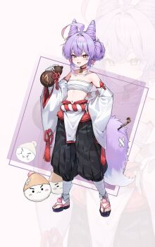 1girl 46_coffee ahoge black_pants bottle chest_sarashi commentary_request commission cone_hair_bun creature detached_sleeves double-parted_bangs fang fox_girl fox_tail full_body furisode_sleeves hair_bun hair_intakes hand_up hetero highres holding holding_bottle inari_(tenko_shibuki) korean_commentary long_sleeves looking_at_viewer navel nontraditional_miko okobo open_mouth pants platform_sandals pleated_pants purple_hair sandals sarashi second-party_source smile smoking_pipe solo stellive stomach tail tenko_shibuki v-shaped_eyebrows virtual_youtuber white_background wide_sleeves zoom_layer