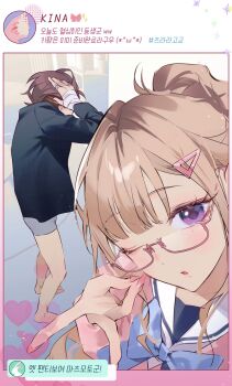 1boy 1girl bandages blue_bow blue_bowtie bow bowtie brown_hair cardigan glasses hair_ornament hairclip hetero highres hvvvzzz jewelry korean_text long_hair looking_at_viewer male_underwear one_eye_closed original pink_cardigan pink_nails ponytail purple_eyes sailor_collar school_uniform short_hair underwear v