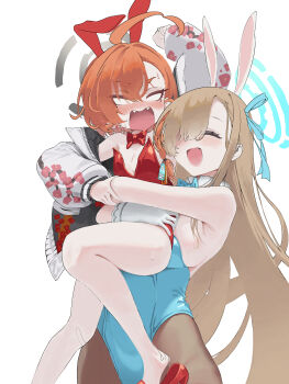 2girls ^_^ absurdres ahoge animal_ear_hairband animal_ears aqua_bow aqua_bowtie aqua_leotard aqua_ribbon asuna_(blue_archive) asuna_(bunny)_(blue_archive) bandaid bandaid_on_leg blank_eyes blue_archive blush bow bowtie breasts brown_hiphighs closed_eyes commentary detached_collar fake_animal_ears fangs gloves hair_ribbon hairband halo highleg highleg_leotard highres hiphighs hug hug_from_behind huge_ahoge jacket kogooma leotard lifting_person long_hair mole mole_under_each_eye mole_under_eye multiple_girls multiple_moles neru_(blue_archive) neru_(bunny)_(blue_archive) official_alternate_costume orange_hair playboy_bunny rabbit_ear_hairband rabbit_ears red_bow red_bowtie red_leotard ribbon shoe_dangle simple_background small_breasts smile straight_hair strapless strapless_leotard sukajan very_long_hair white_background white_gloves