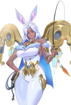 1girl absurdres alternate_hair_length_(longer) animal_ears armor baekryang bare_shoulders bodysuit breasts carrot cowboy_shot curvy dark-skinned_female dark_skin domina_(bunny_buisness)_(overwatch) domina_(overwatch) fake_animal_ears fishing_rod fur_trim gold_armor highres holding holding_fishing_rod holding_whip large_breasts looking_at_object mechanical_arms nail_polish official_alternate_costume official_alternate_hair_color official_alternate_hairstyle overwatch pink_nails rabbit_ears simple_background sleeveless solo tight_clothes whip white_background white_bodysuit white_hair