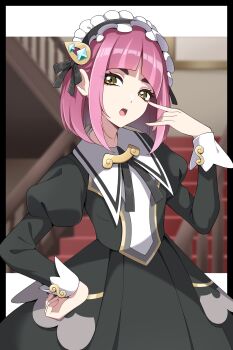 1girl absurdres arched_bangs black_dress brown_eyes dress hair_ornament hairclip headdress highres indoors lacey_(fall_2025)_(pokemon) lacey_(pokemon) long_sleeves looking_at_viewer maid maid_headdress nintendo official_alternate_costume open_mouth pink_hair pokemon pokemon_masters_ex shabana_may short_hair solo stairs white_headdress yellow_eyes