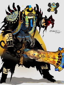 absurdres ancient_egyptian cofagrigus commentary_request dated gen_5_pokemon grey_background highres nintendo personification pokemon pokemon_(creature) reference_inset reflection shadow signature sukepmonster sword weapon