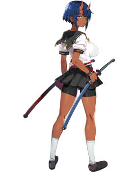 1girl black_skirt blue_hair breasts choukou_(alicesoft) choukou_taisen_escalation_heroines dark-skinned_female dark_skin from_behind highres holding holding_sword holding_weapon horns kijindani_haatan large_breasts looking_at_viewer looking_back official_art orion_(orionproject) pointy_ears purple_eyes school_uniform serafuku short_hair skirt solo sword weapon
