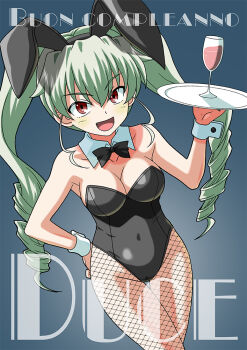 1girl anchovy_(girls_und_panzer) animal_ear_hairband animal_ears black_leotard blue_bow blue_bowtie blush bow bowtie breasts curvy detached_collar drill_hair dutch_angle fake_animal_ears fang girls_und_panzer green_hair hairband hand_on_own_hip happy_birthday highleg highleg_leotard italian_text leotard long_hair medium_breasts muichimon nose_blush open_mouth playboy_bunny rabbit_ear_hairband rabbit_ears red_eyes revealing_clothes shiny_clothes shiny_skin simple_background smile solo strapless strapless_leotard thick_thighs thighs thong_leotard twin_drills wide_hips wrist_cuffs